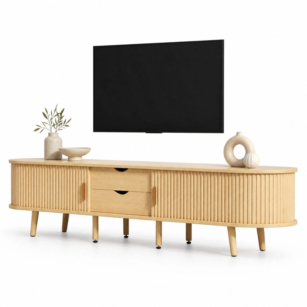 Mobile TV ovale in MDF rovere con 2 cassetti e ante scorrevoli 170 x 40 x 42 cm
