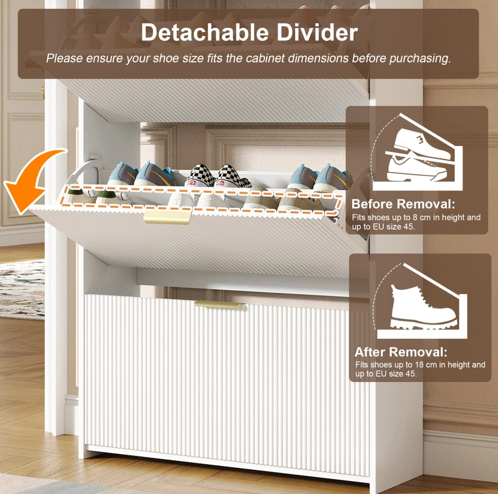 Scarpiera slim con 3 ante a ribalta e 2 cassetti; 80 ¡Á 25 ¡Á 135 cm; truciolare bianco
