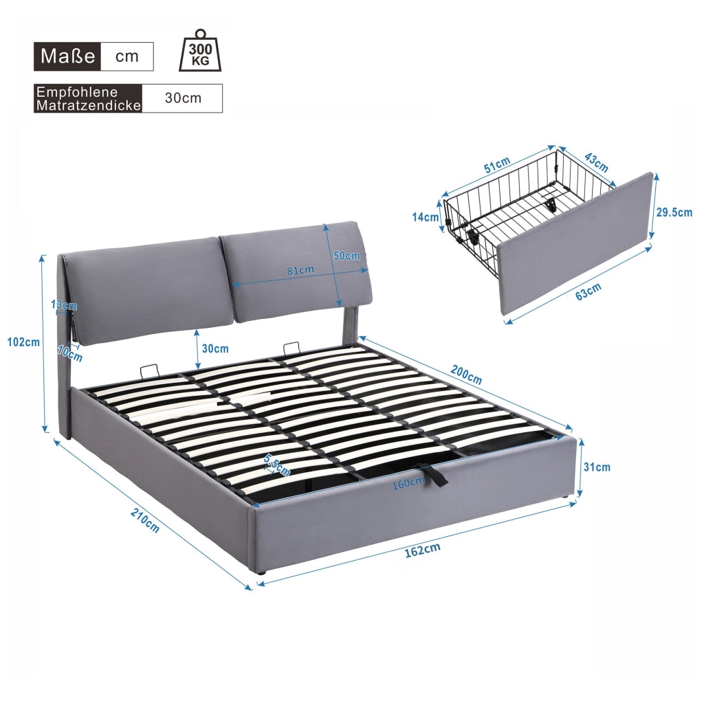 Letto imbottito grigio in velluto 160x200 con contenitore, 3 cassetti e rete a doghe, senza materasso