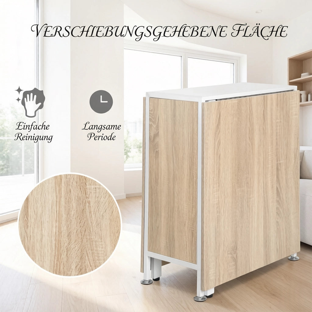 Tavolo allungabile pieghevole con 4 vani contenitore in MDF e acciaio per cucina e soggiorno bianco rovere