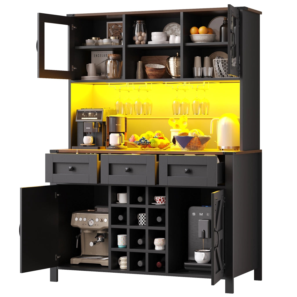 Credenza Alta con LED, USB e Prese ¨C MINIMAL ¨C 4 Ante, 3 Cassetti, Nero, 120¡Á40¡Á170cm