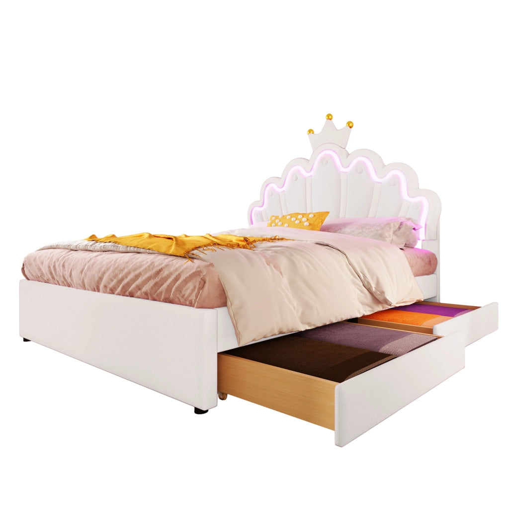 Letto per bambini 140 × 200 cm 2 posti con 2 cassetti; LED e testiera regolabile; senza materasso; in PU bianco