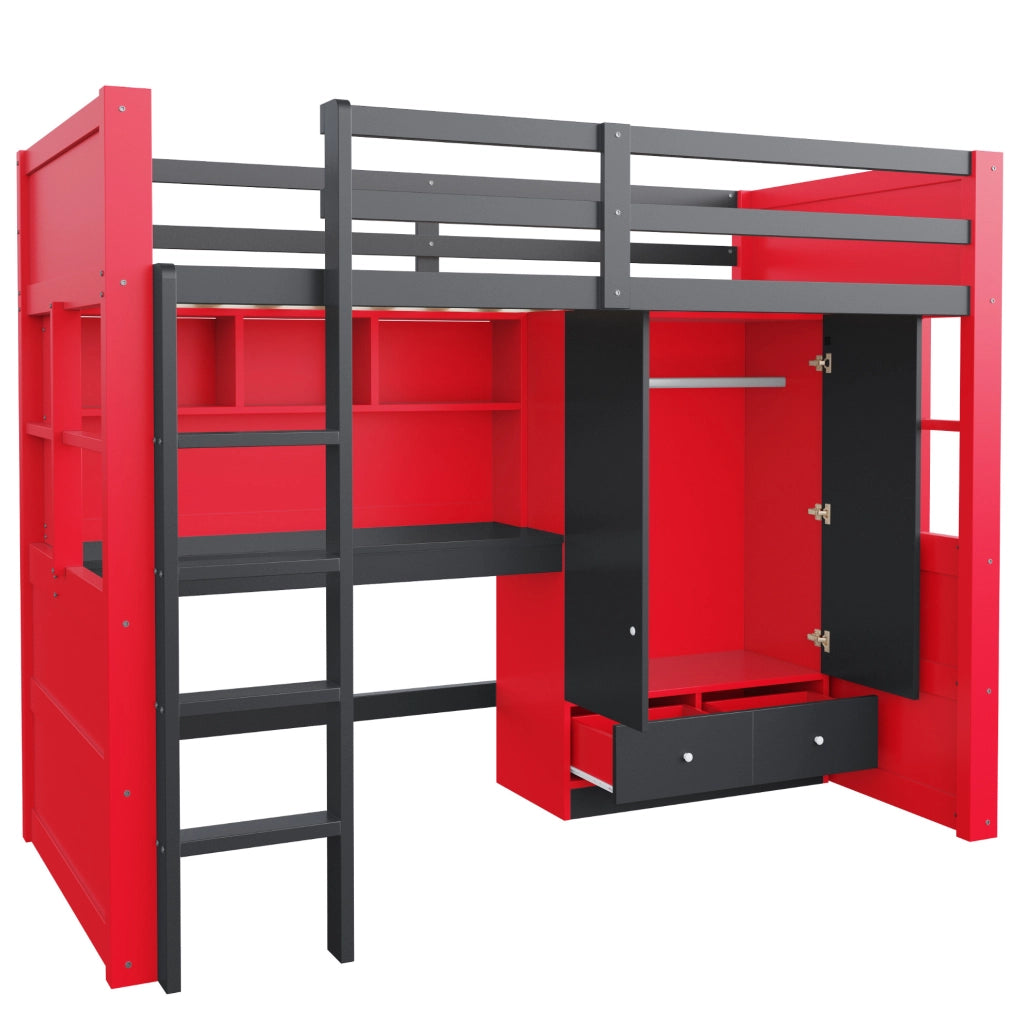 Letto a soppalco 90 x 200 cm in legno con scala; LED; prese; armadio; cassetti e scrivania; nero e rosso