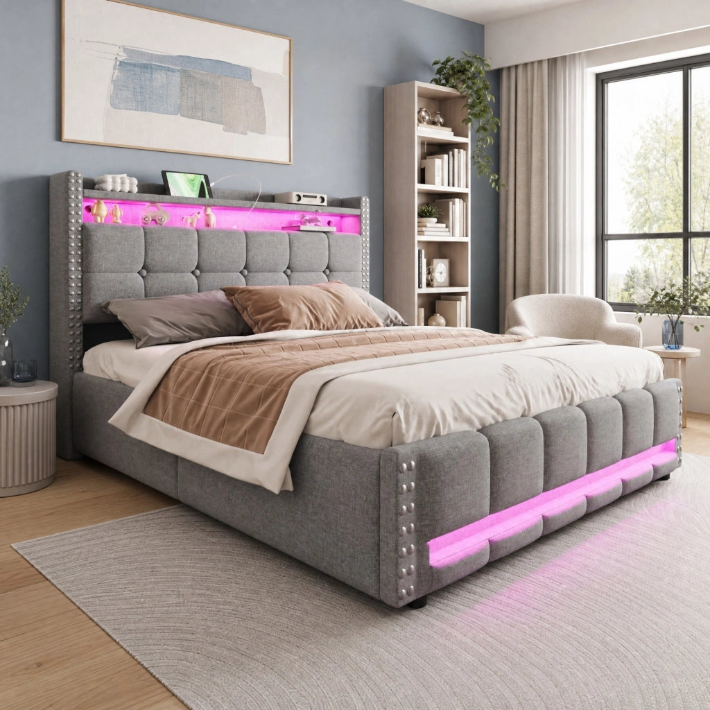 Letto imbottito 160 x 200 cm con LED, presa USB e contenitore