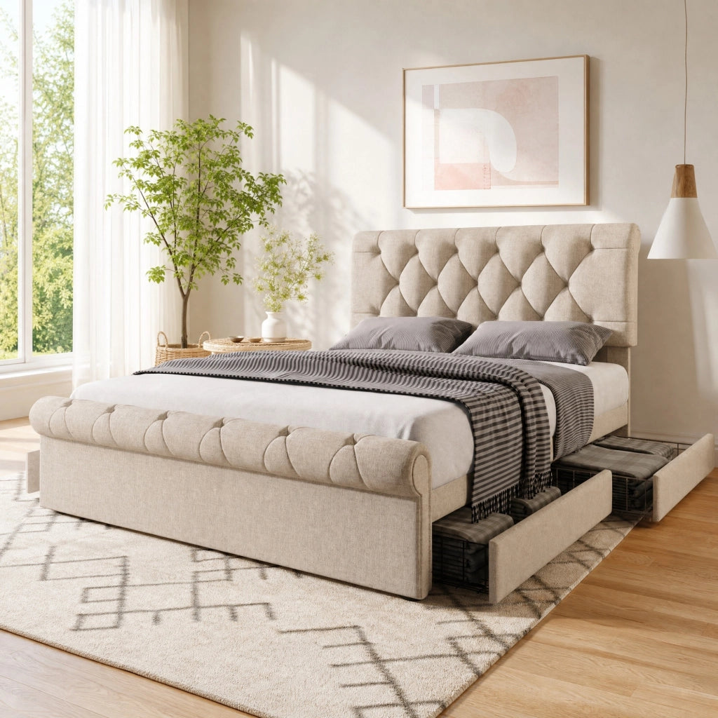 Letto matrimoniale imbottito 140 ¡Á 200 cm con 4 cassetti testiera regolabile legno metallo naturale materasso H3