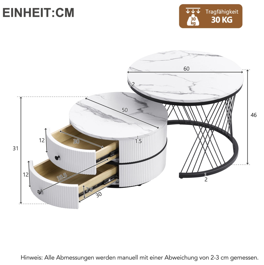 Set di 2 tavolini da caffè rotondi a incastro in MDF; bianco; 2 cassetti; 60×60×46 e 50×50×31 cm