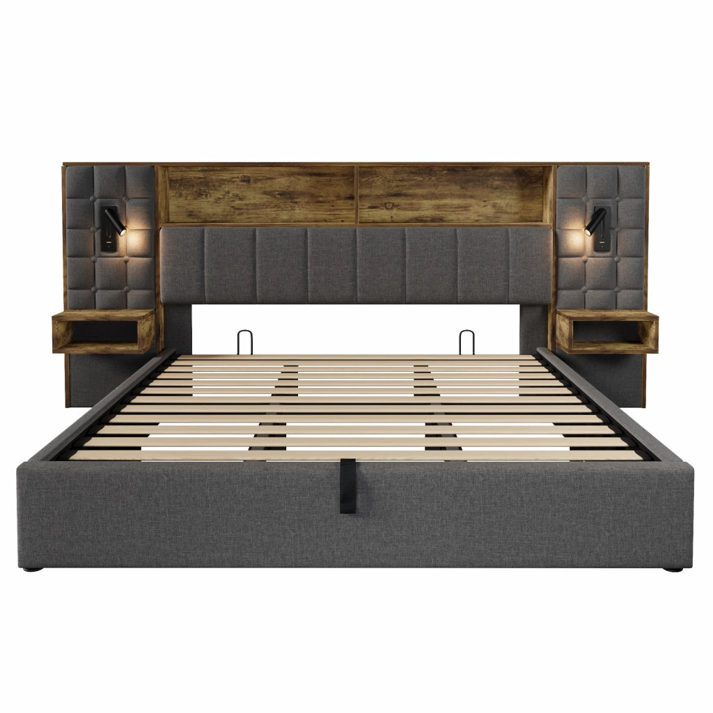 Letto imbottito 180x200 con contenitore ad apertura idraulica; comodini integrati e rivestimento in lino grigio