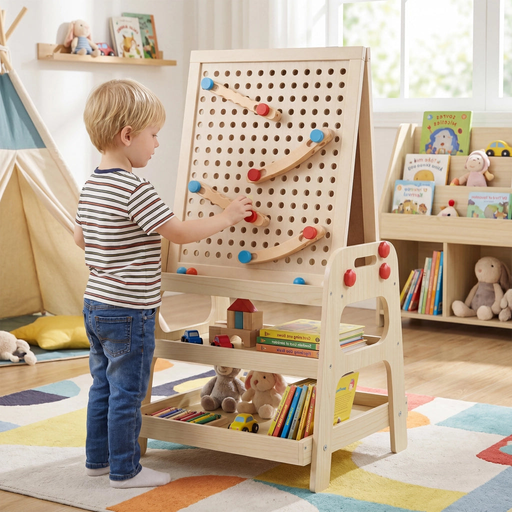 Cavalletto per bambini 2 in 1 con lavagna magnetica pista per biglie pennarello cancellino, 2 bicchieri per colori e 3 biglie per bambini 3+ anni