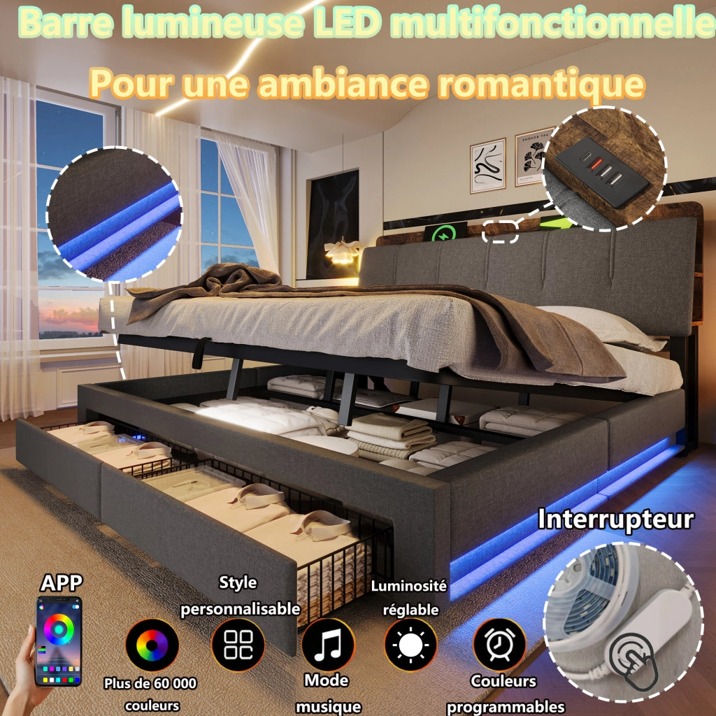Letto contenitore 180 × 200 cm matrimoniale con 2 cassetti; USB; Type-C e LED regolabile; senza materasso; grigio