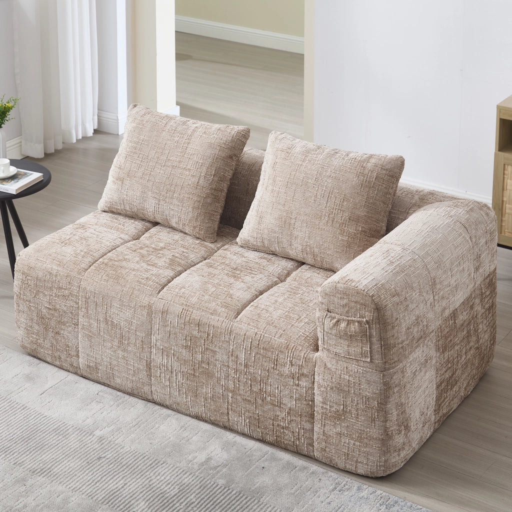 Divano 2 Posti con Cuscini e Tasche Laterali ¨C MINIMAL ¨C Tessuto Beige