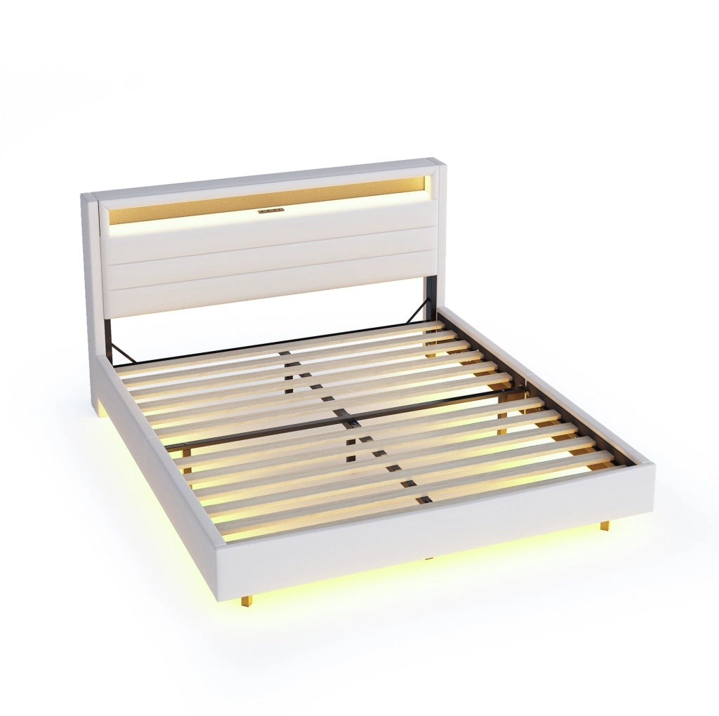 Letto imbottito 160x200 cm in lino beige con USB, luci LED e testiera reversibile