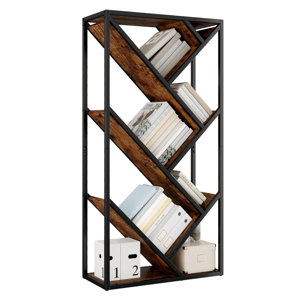 Libreria ad albero ULEVR 80x35x160 cm con ripiani aperti e dispositivo antiribaltamento, MDF e acciaio nero/marrone vintage