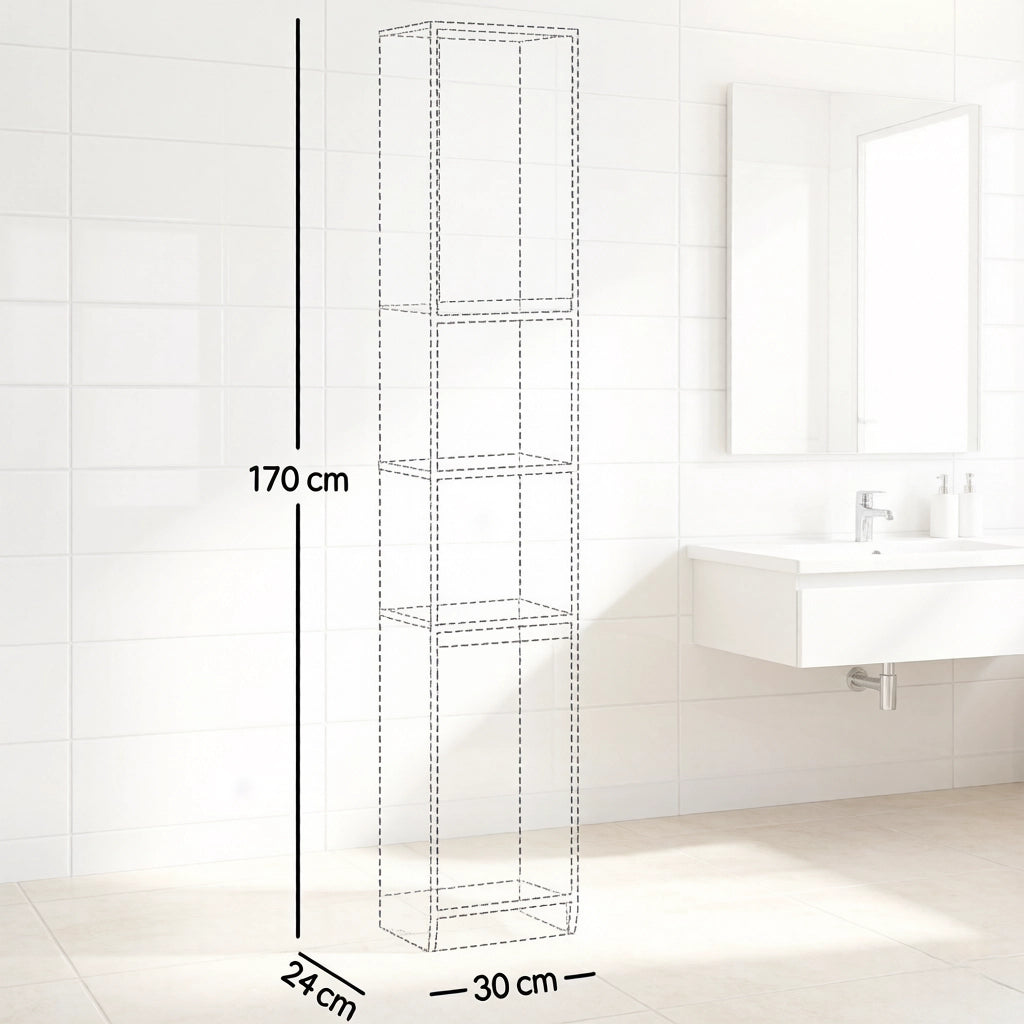 Colonna da bagno con 2 armadietti; 2 vani aperti e ripiani regolabili in MDF grigio effetto rovere 30 × 24 × 170 cm