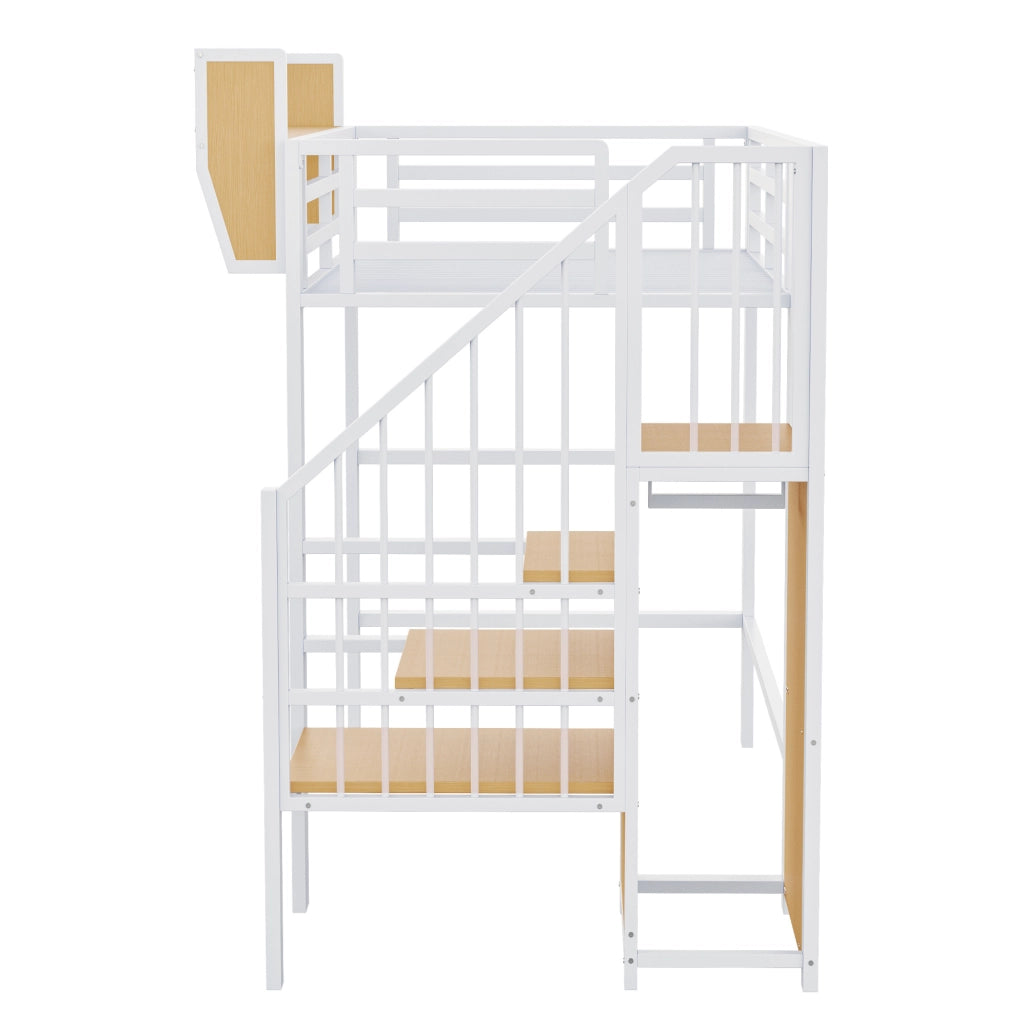 Letto a castello in metallo 90x200 con scala di sicurezza e ripiano modulabile, colore bianco