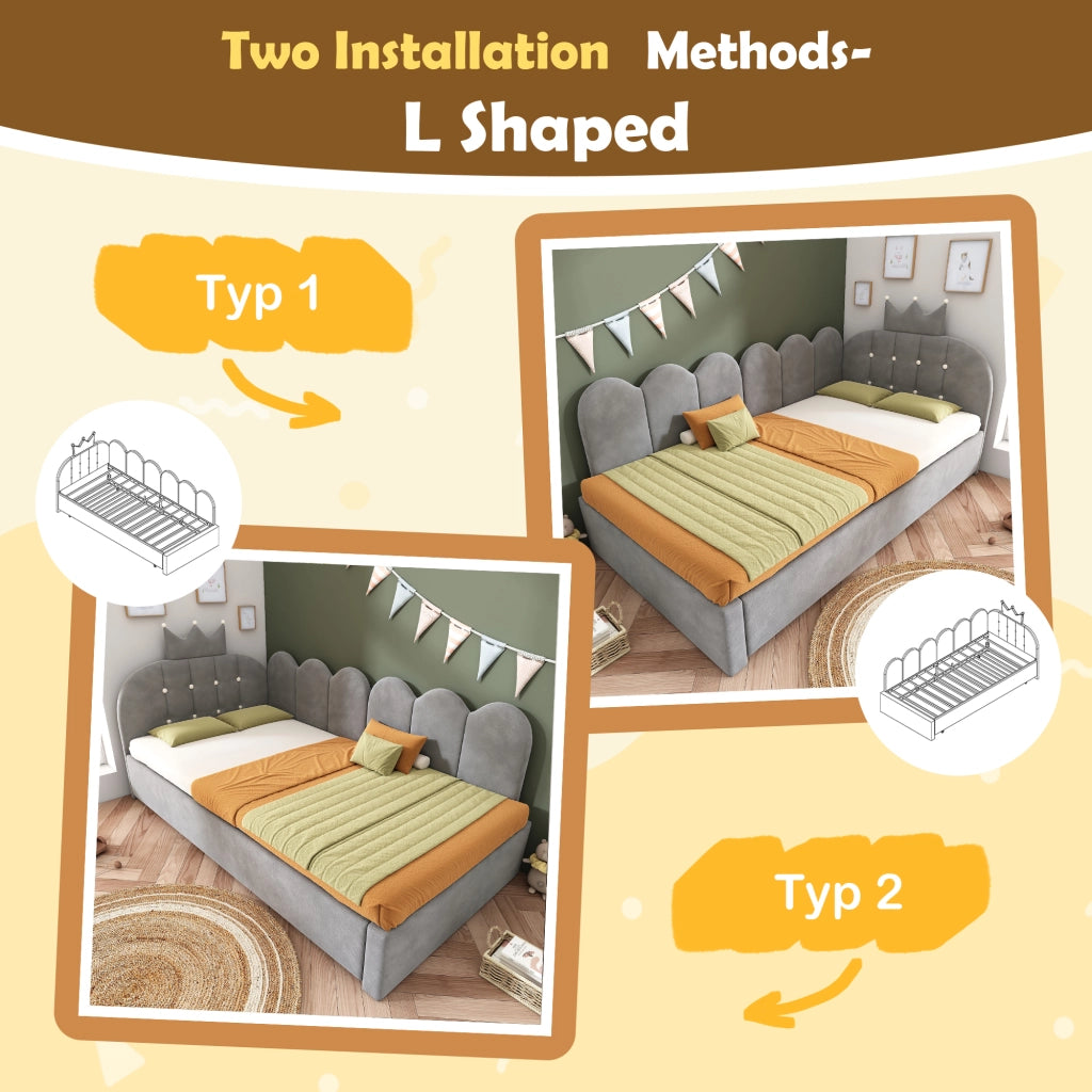 Letto Singolo 90x200 cm Imbottito con letto estraibile; Velluto; Grigio