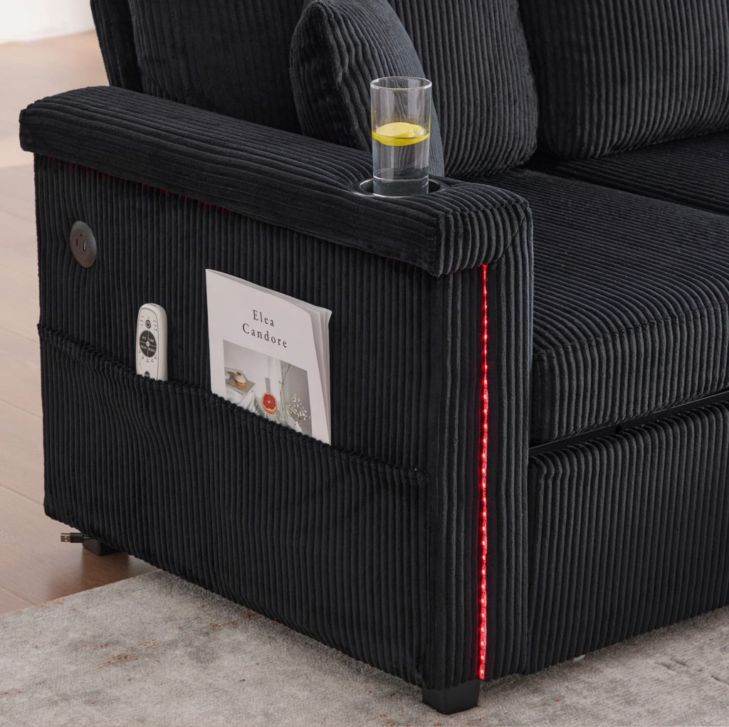 Divano modulare nero in velluto a coste con LED; USB/Type-C; cassetti e tasche laterali