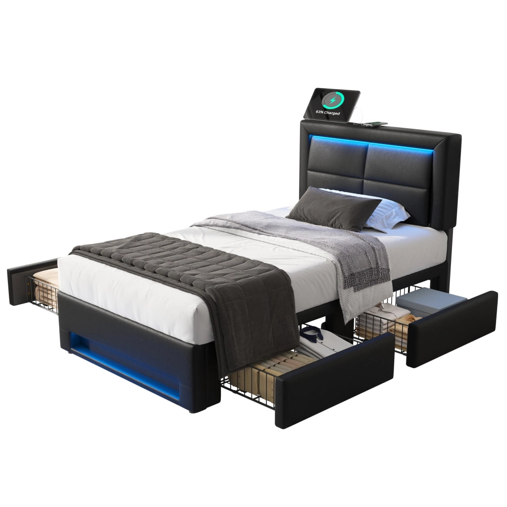 Letto singolo imbottito 90 × 200 cm con 4 cassetti, USB, ricarica senza fili e LED, senza materasso, nero