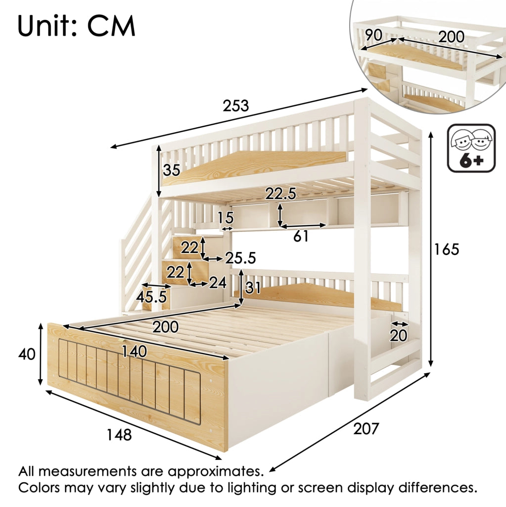 Letto a castello sfalsato in legno 90x200 & 140x200 cm con spazio idraulico, armadio a gradini, corrimano di sicurezza e USB-C, bianco e naturale, senza materasso