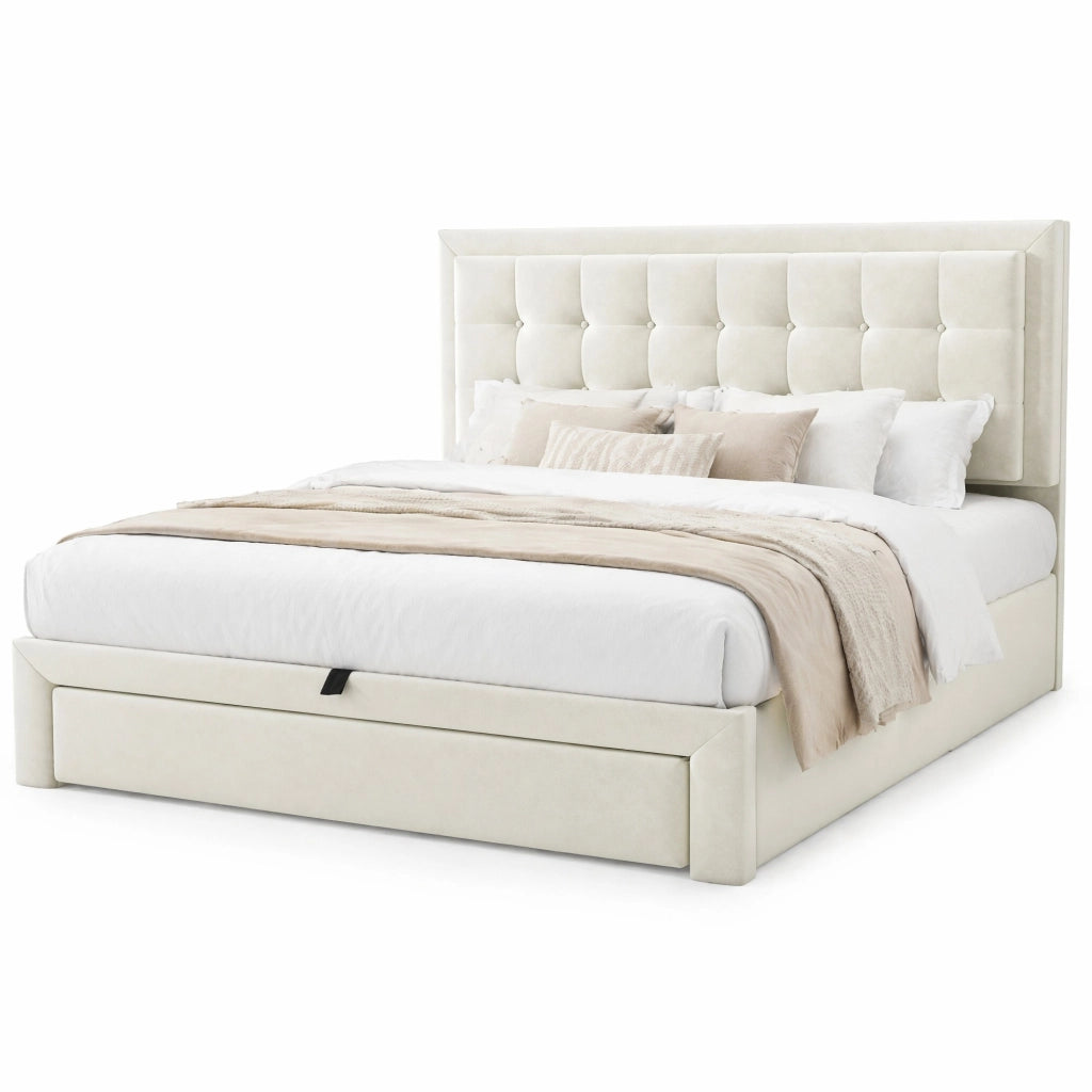 Letto in velluto beige con testiera regolabile e cassetti
