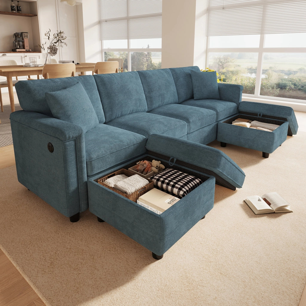 Divano modulare a 6 posti in ciniglia blu con 2 pouf contenitore e ricarica USB Type-C 82 × 261 × 134 cm