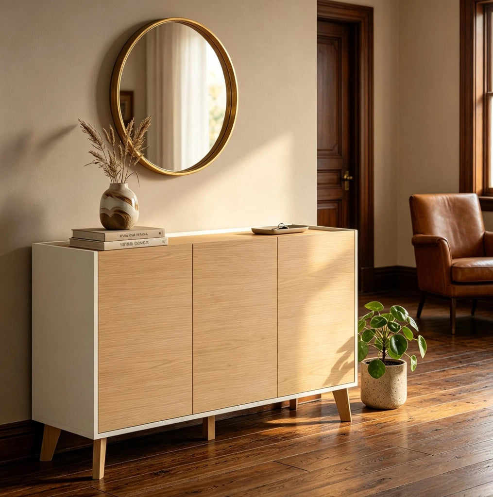 Credenza ULEVR 120x35x73,5 cm con 3 ante e 6 vani, mobile TV in MDF e pannello truciolare bianco naturale