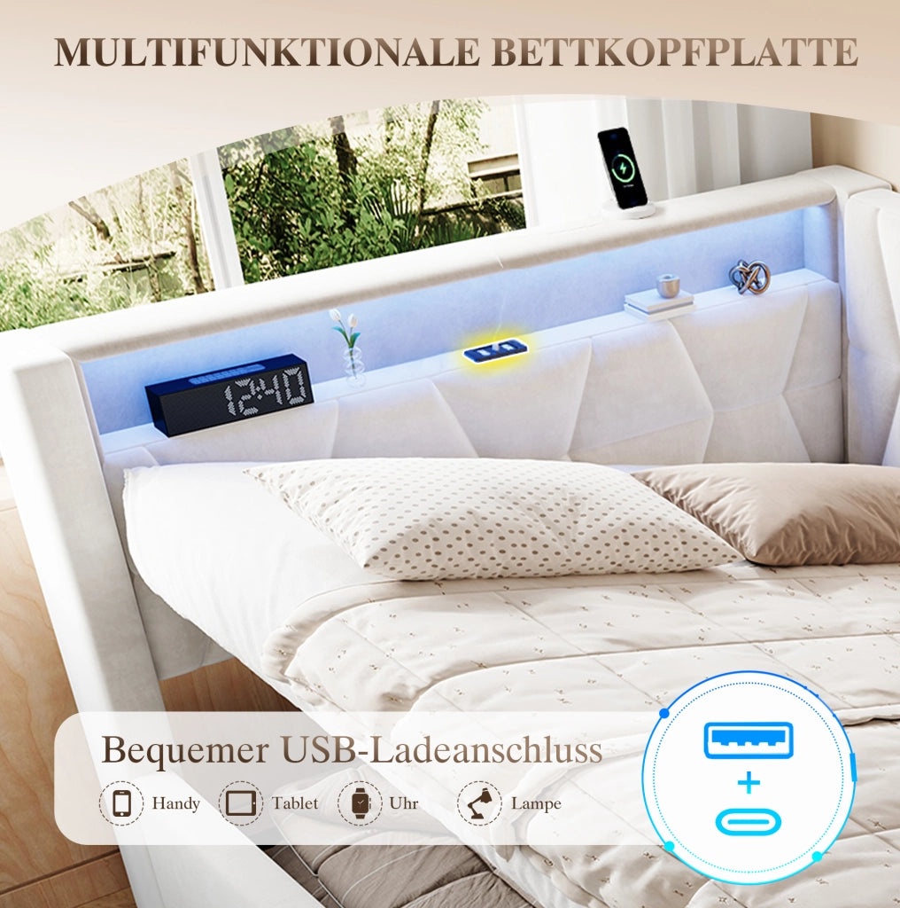 Letto imbottito beige 140 x 200 cm con vano contenitore, LED, USB e Type-C
