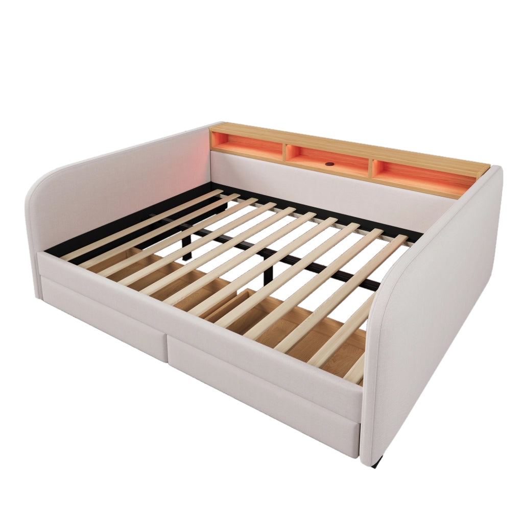 Letto con cassetti 140 × 190 cm con LED; USB e Type-C; testiera con ripiano; rivestito in lino beige chiaro