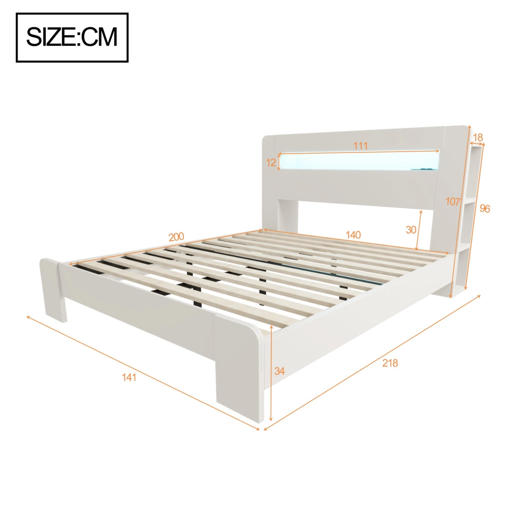 Struttura Letto in Legno Bianco 140x200 cm con Testiera Portaoggetti; LED e Prese Integrate