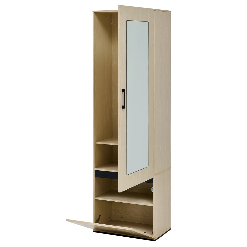 Armadio Guardaroba Stretto con Specchio e Asta Appendiabiti Estraibile in Metallo; Mobile Ingresso Salvaspazio in MDF; 54x34.5x179.5 cm; Colore Legno