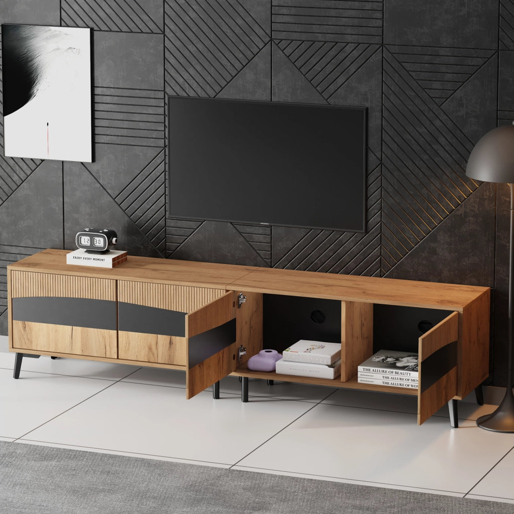 Mobile TV 180x40x50 cm con 4 ante in truciolare naturale e nero