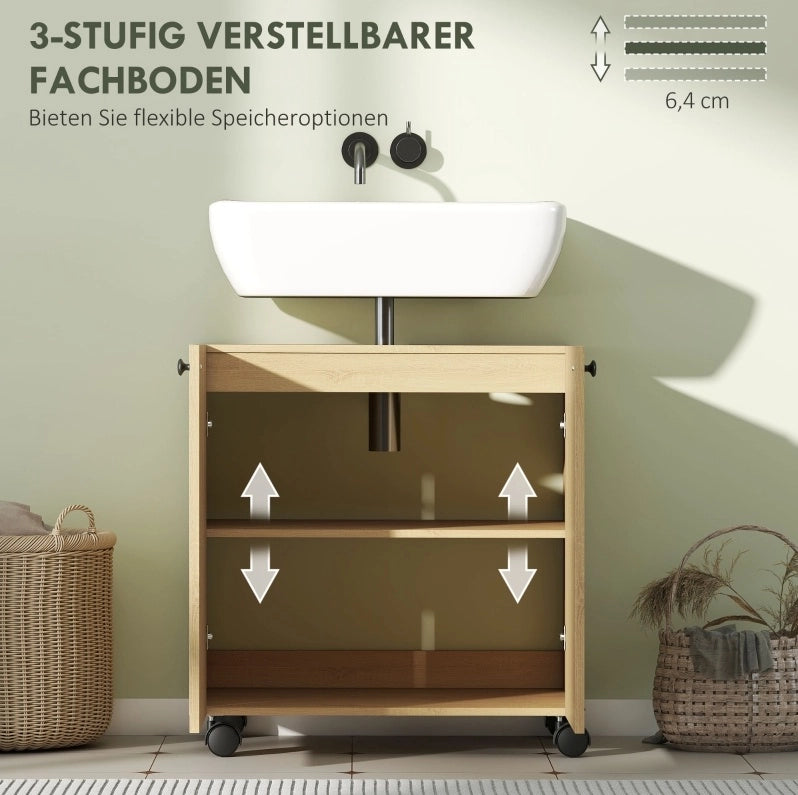 Mobile mobile bagno con tre ripiani regolabili e porta a chiusura soft, con taglio a U per lavabo senza piedistallo, finitura legno