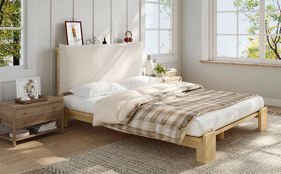 Letto imbottito 140x200 cm in legno di pino con schienale imbottito; naturale