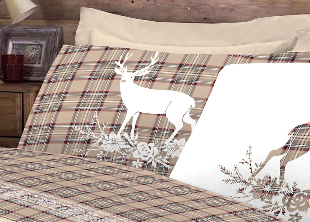 Copripiumino Sacco Piumone Pensieri Delicati 100% Cotone Dis. Cervo Tartan - Singolo - Beige