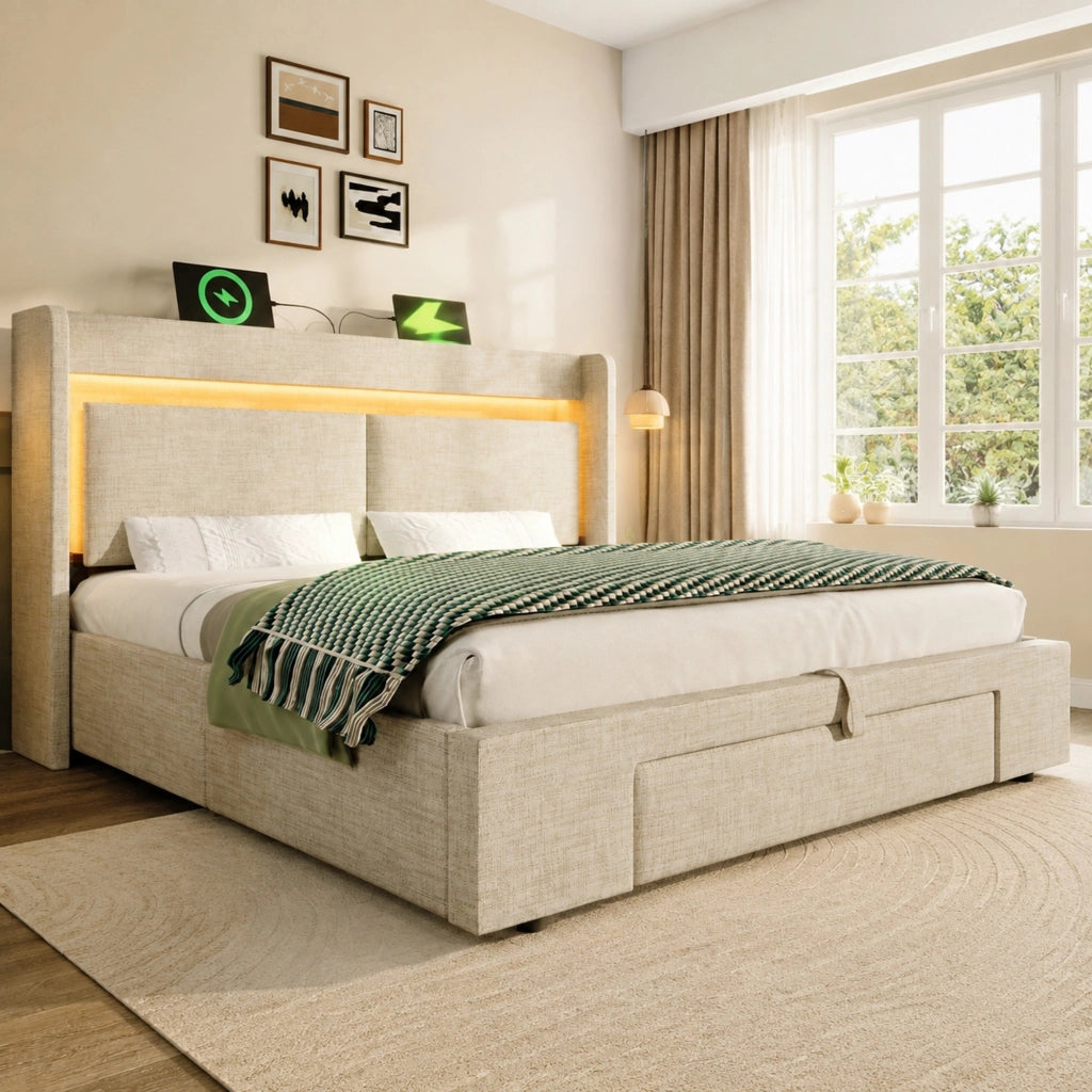 Letto imbottito 160x200 cm beige con LED, USB e vano idraulico