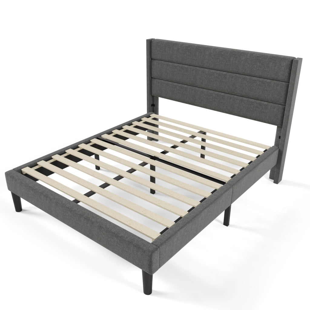 Letto matrimoniale 140 × 200 cm 2 posti, testiera imbottita e materasso H3 a 7 zone, in lino grigio scuro