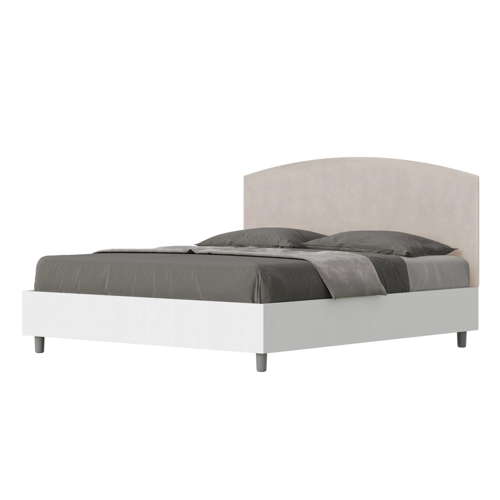BS COM Letto matrimoniale con rete 160x200 bianco frassino testata microfibra sabbia