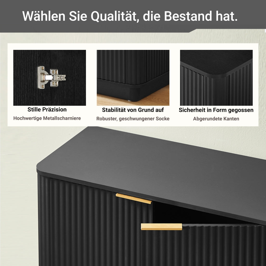 Madia a 4 ante con superficie ondulata in MDF nero e maniglie dorate con ripiano centrale 160 × 40 × 80 cm