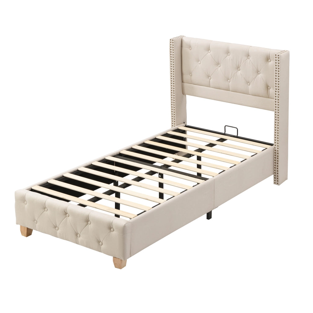 Letto imbottito 90x200 cm in lino beige con testiera trapuntata a bottoni e 12 doghe