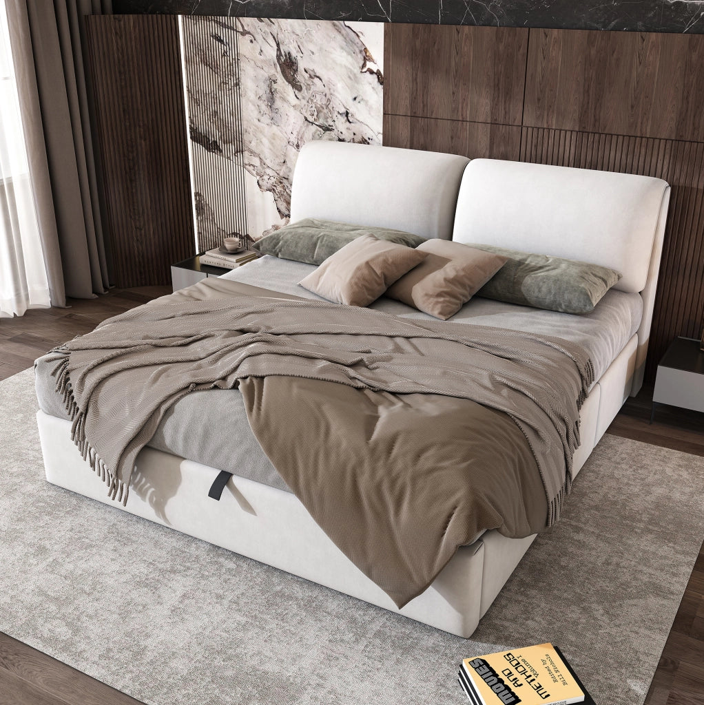 Letto imbottito 180x200 cm con contenitore idraulico, 3 cassetti e testiera in velluto beige, senza materasso