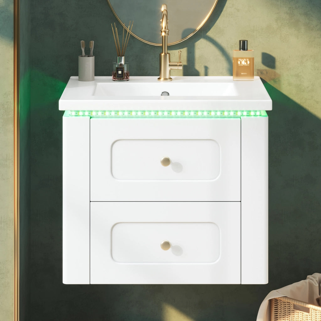 Mobile sottolavabo sospeso 61x47x50 cm in MDF bianco con LED e contenitore