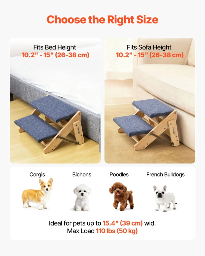 Scaletta per Cani e Gatti a 2 Gradini in Legno di Pino, Scala Pieghevole Portatile per Letto Divano e Auto, Portata 50 kg