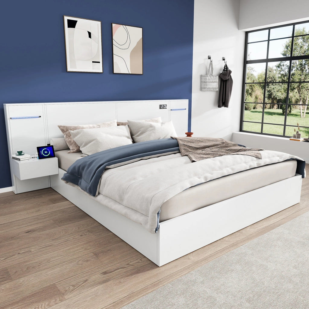 Letto matrimoniale 180 × 200 cm con LED USB-A USB-C altoparlanti Bluetooth orologio elettronico MDF bianco