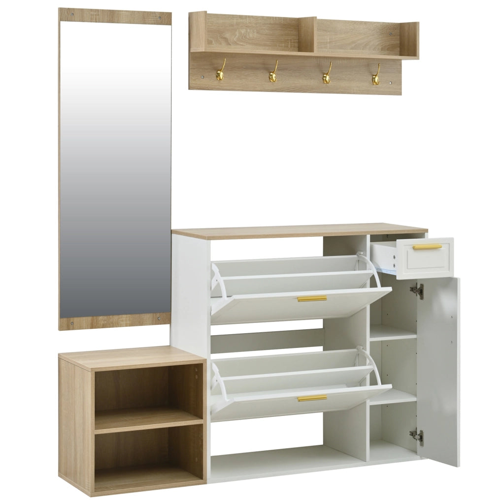 Set mobili ingresso 4 pezzi con scarpiera, panca, appendiabiti e specchio 139,5x35x166 cm HAVRYA