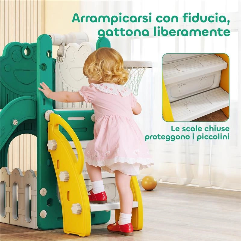 SET SCIVOLO PER BAMBINI 5 IN 1 CON CANESTRO, SCALETTA E TELESCOPIO GIOCATTOLO, ETÀ 1-3 ANNI, GIALLO