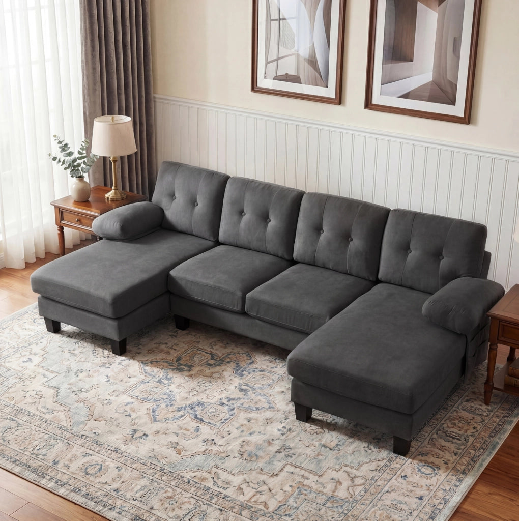 Divano ad angolo a U per 4 persone in Chenille grigio con doppia chaise longue e schienale tufted