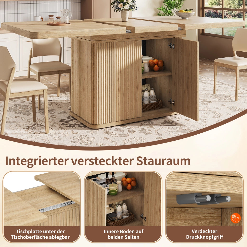 Tavolo da Pranzo Allungabile 140-180x80 cm con Vano Nascosto LEMONMAX; Ante Scanalate; Piedini Regolabili; MDF Effetto Legno Chiaro; H 76;5 cm
