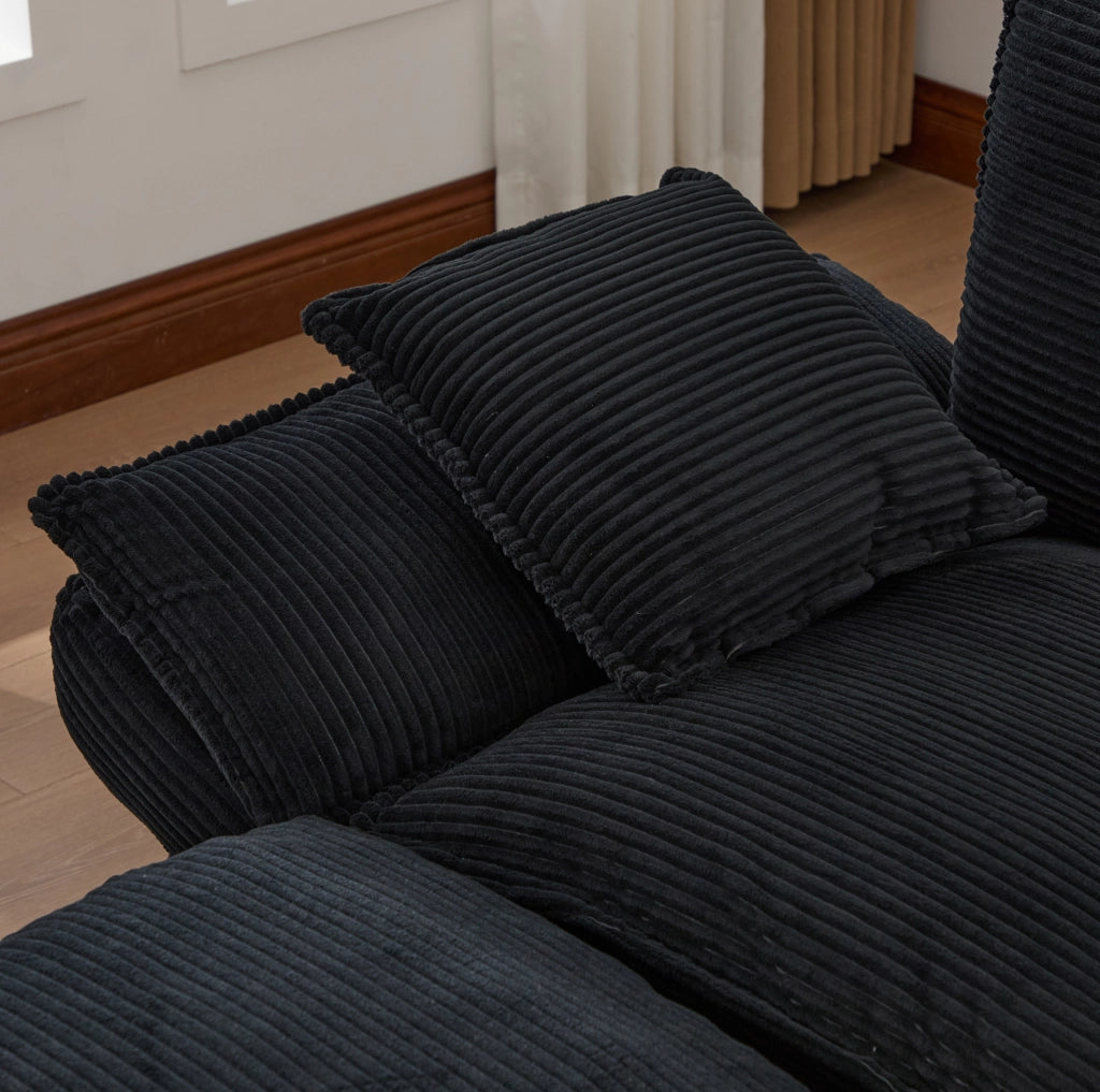 Divano 2 posti con pouf in velluto a coste nero e porta USB-C
