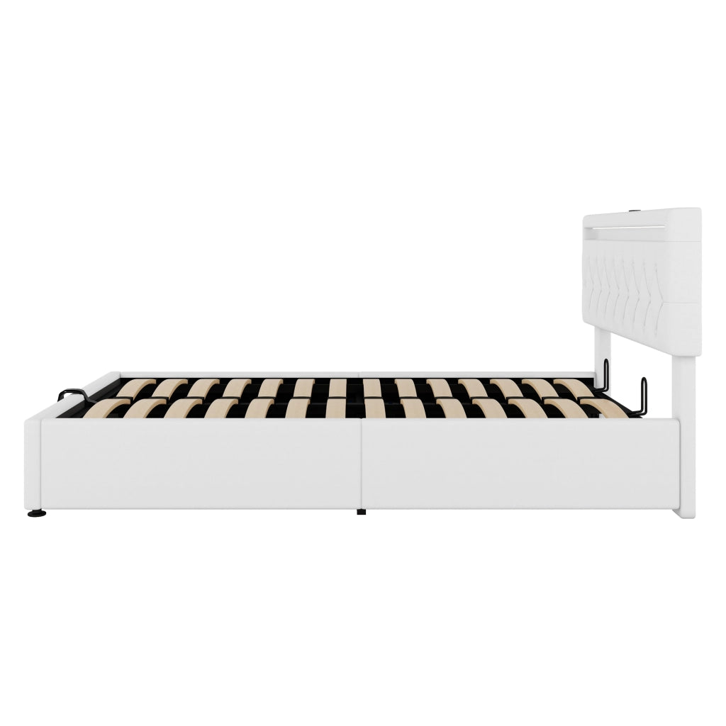 LETTO Imbottito Contenitore 140x200 cm in Lino Bianco con LED, USB e USB-C