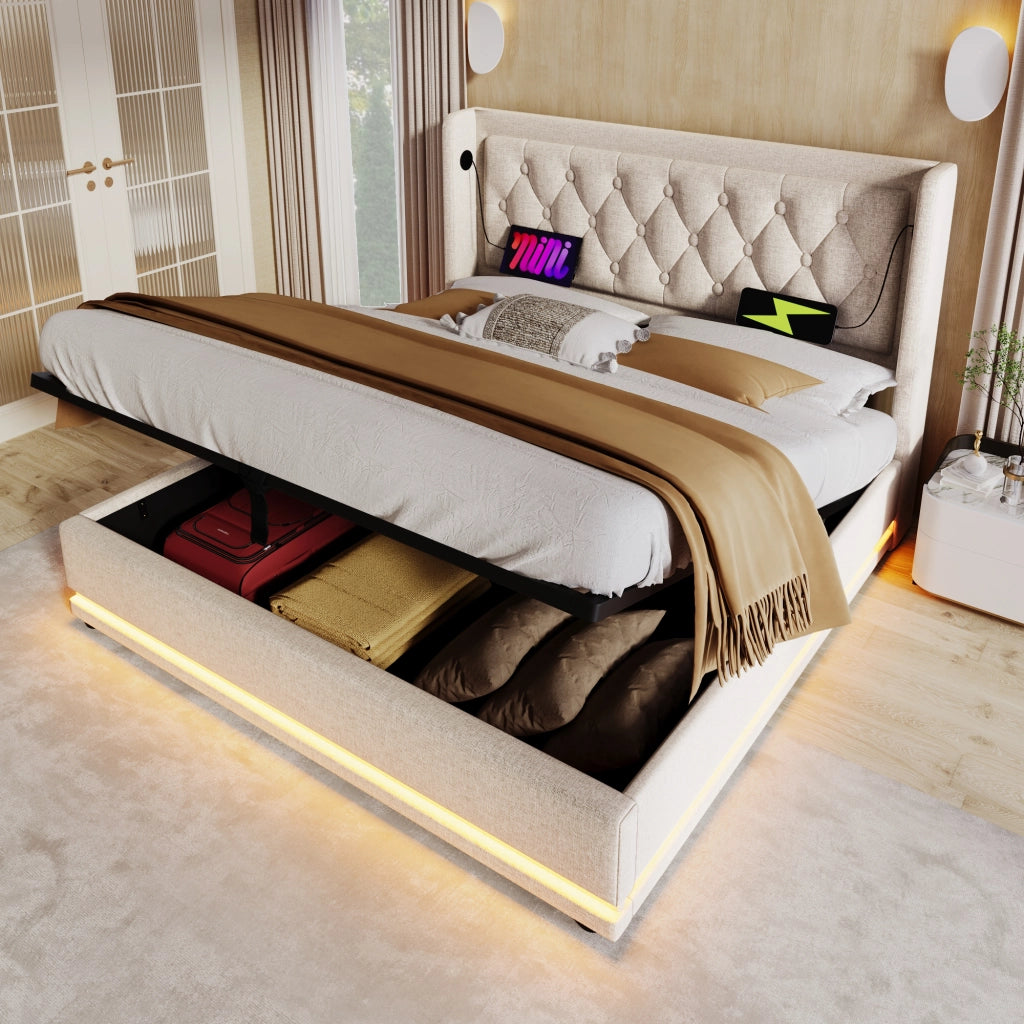 Letto imbottito matrimoniale 140x200 cm in cotone beige, contenitore idraulico, testiera con ricarica USB Type-C e LED su 3 lati, senza materasso