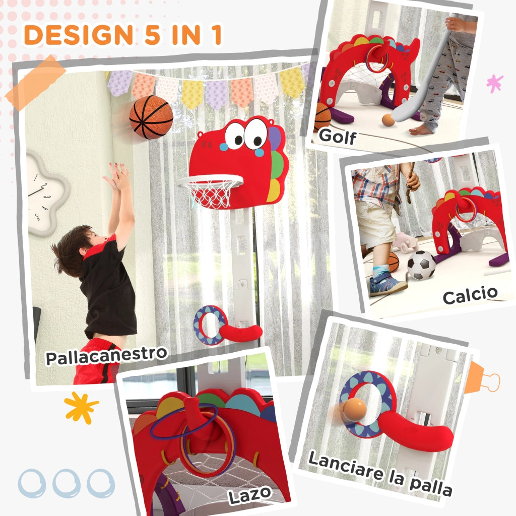 Centro Attività e Canestro Basket per Bambini 5 in 1 Regolabile con Porta da Calcio e Golf, per Casa e Giardino, Rosso, Età 3-6 Anni